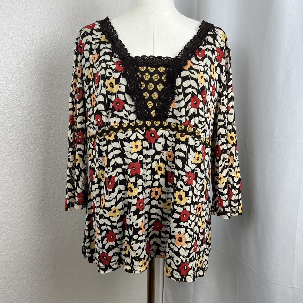 VTG Babydoll Hippie Top Womens 1X Floral Mesh Lace Trim‎ Retro Boho Festival